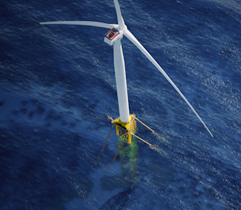 Simulated image of a Pelaflex substructure with an offshore wind turbine installed at sea
