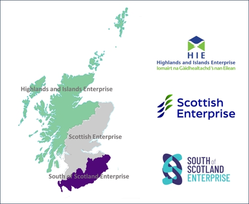 Map of Scotland showing HIE area top half, Scottish Enterprise middle and South of Scotland bottom